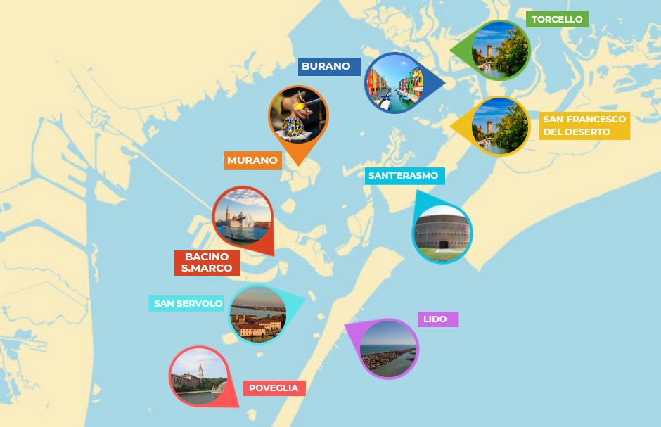 Mappa della Laguna di Venezia con isole per tour Vivovenetia