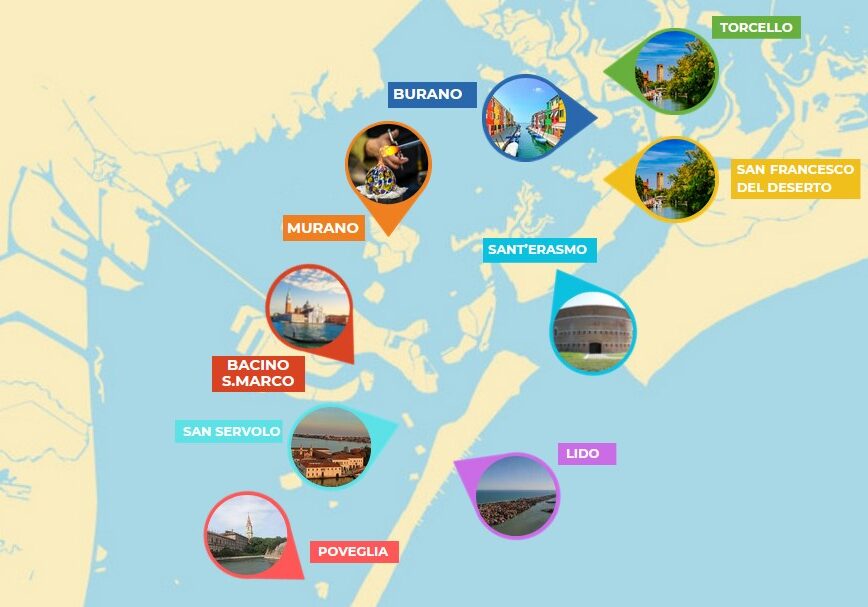 Mappa della Laguna di Venezia con isole per tour Vivovenetia